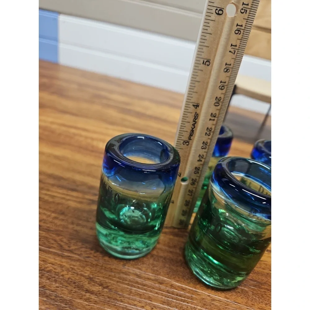 Lot of 4 Del Dueno Anejo Tequila Shooter Hand Blown Blue‎ Green Rim Shot Glasses